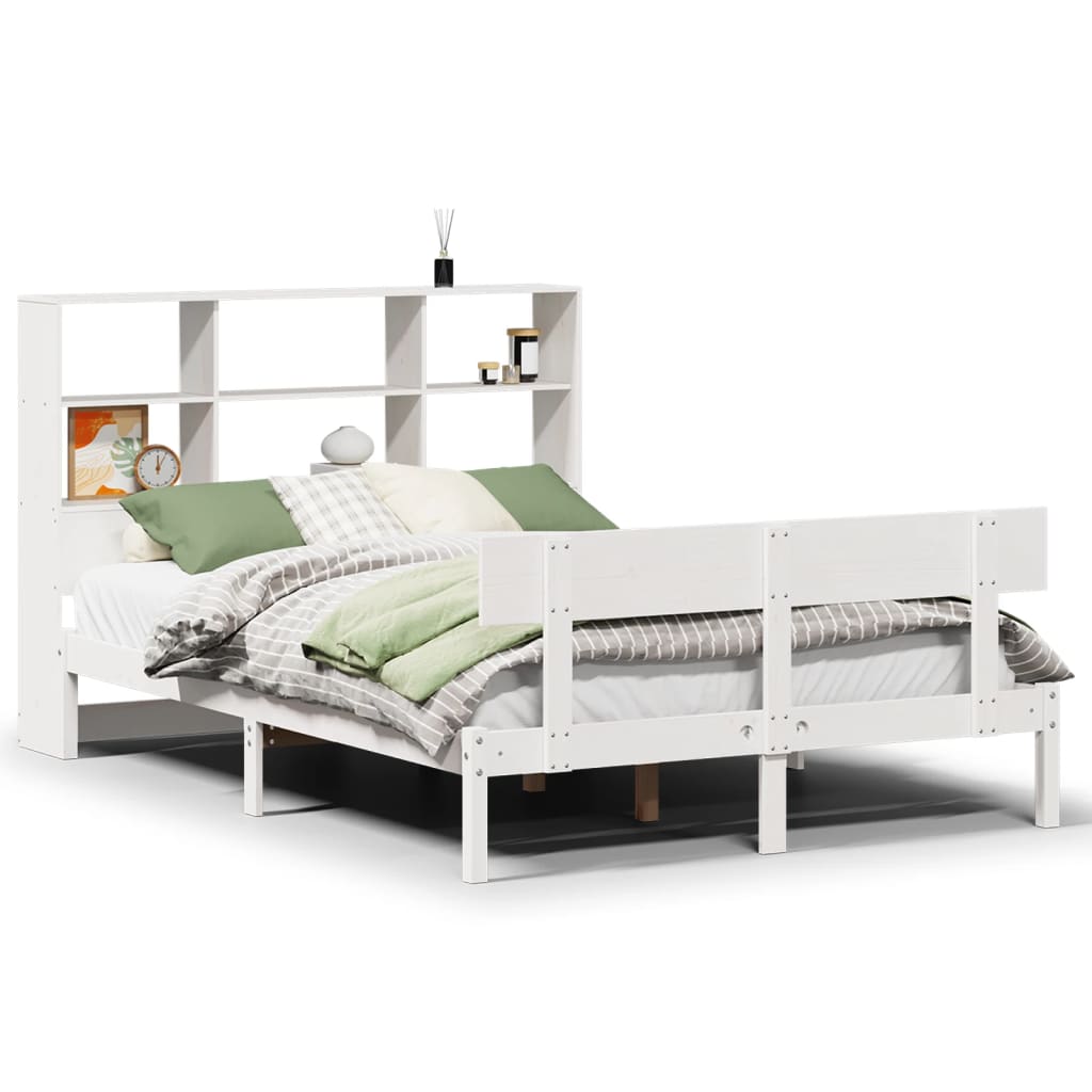 vidaXL Pat cu bibliotecă fără saltea, alb, 120x190 cm, lemn masiv pin vidaXL Pat cu bibliotecă fără saltea, alb, 120x190 cm, lemn masiv pin