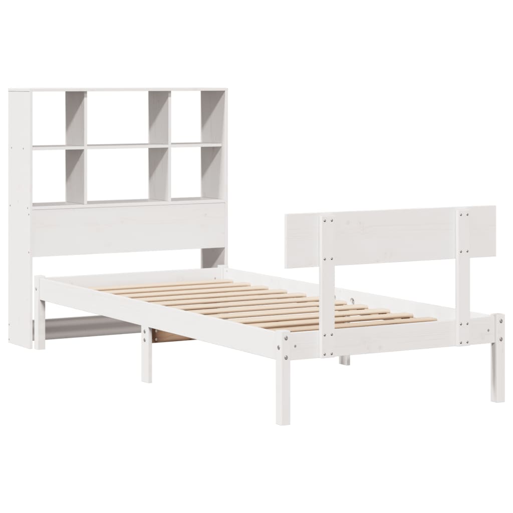 vidaXL Pat cu bibliotecă fără saltea, alb, 90x200 cm, lemn masiv pin vidaXL Pat cu bibliotecă fără saltea, alb, 90x200 cm, lemn masiv pin