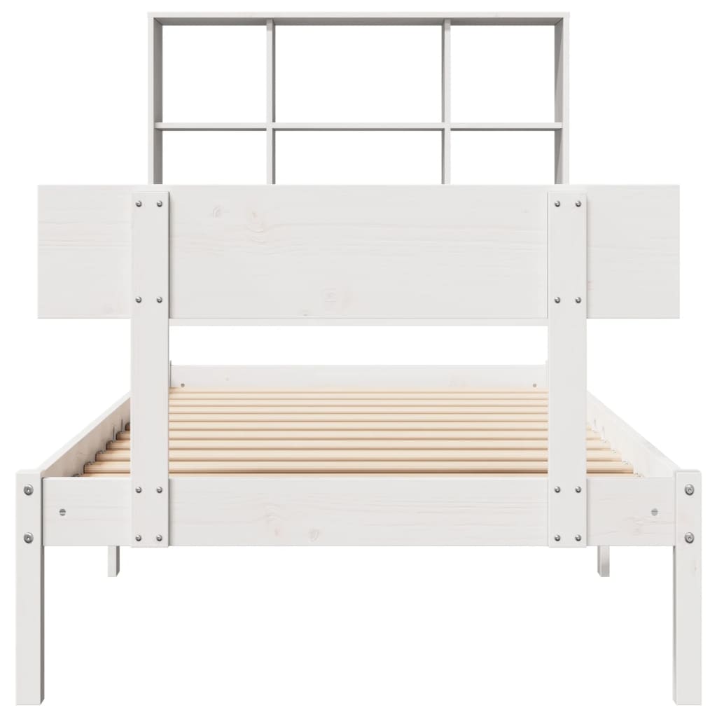vidaXL Pat cu bibliotecă fără saltea, alb, 90x200 cm, lemn masiv pin vidaXL Pat cu bibliotecă fără saltea, alb, 90x200 cm, lemn masiv pin