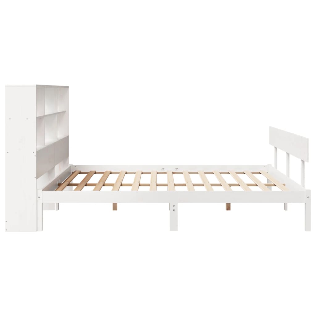 vidaXL Pat cu bibliotecă fără saltea, alb, 200x200 cm, lemn masiv pin