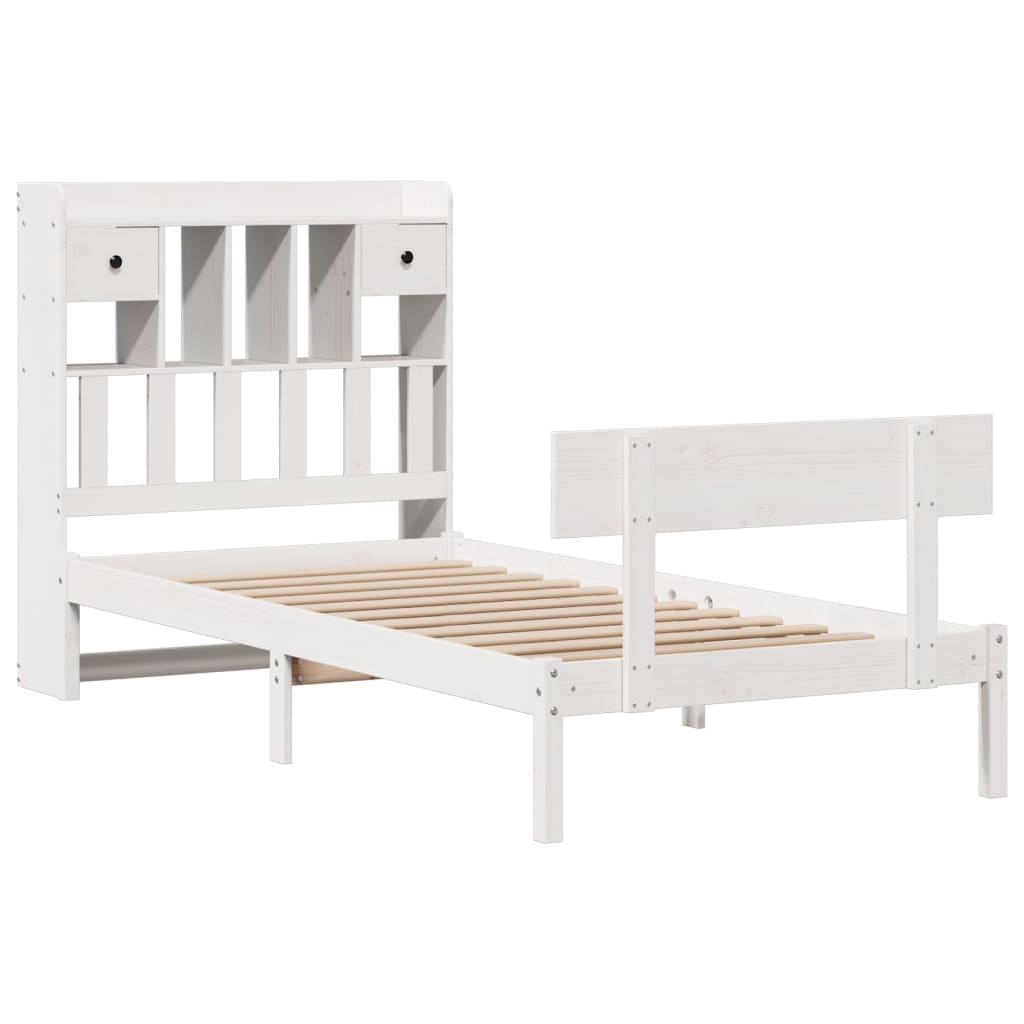 vidaXL Pat cu bibliotecă fără saltea, alb, 75x190 cm, lemn masiv pin vidaXL Pat cu bibliotecă fără saltea, alb, 75x190 cm, lemn masiv pin