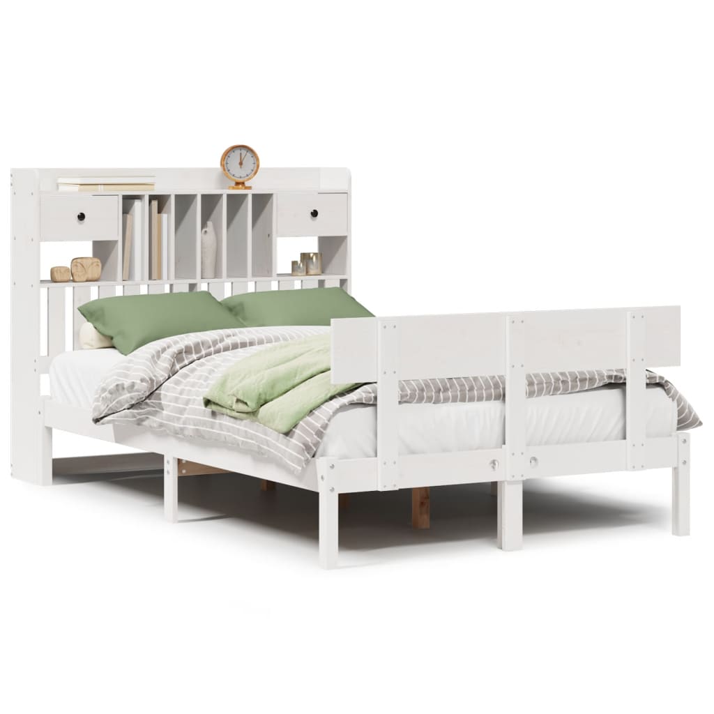 vidaXL Pat cu bibliotecă fără saltea, alb, 135x190 cm, lemn masiv pin vidaXL Pat cu bibliotecă fără saltea, alb, 135x190 cm, lemn masiv pin