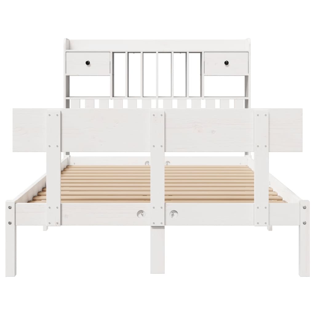 vidaXL Pat cu bibliotecă fără saltea, alb, 135x190 cm, lemn masiv pin vidaXL Pat cu bibliotecă fără saltea, alb, 135x190 cm, lemn masiv pin