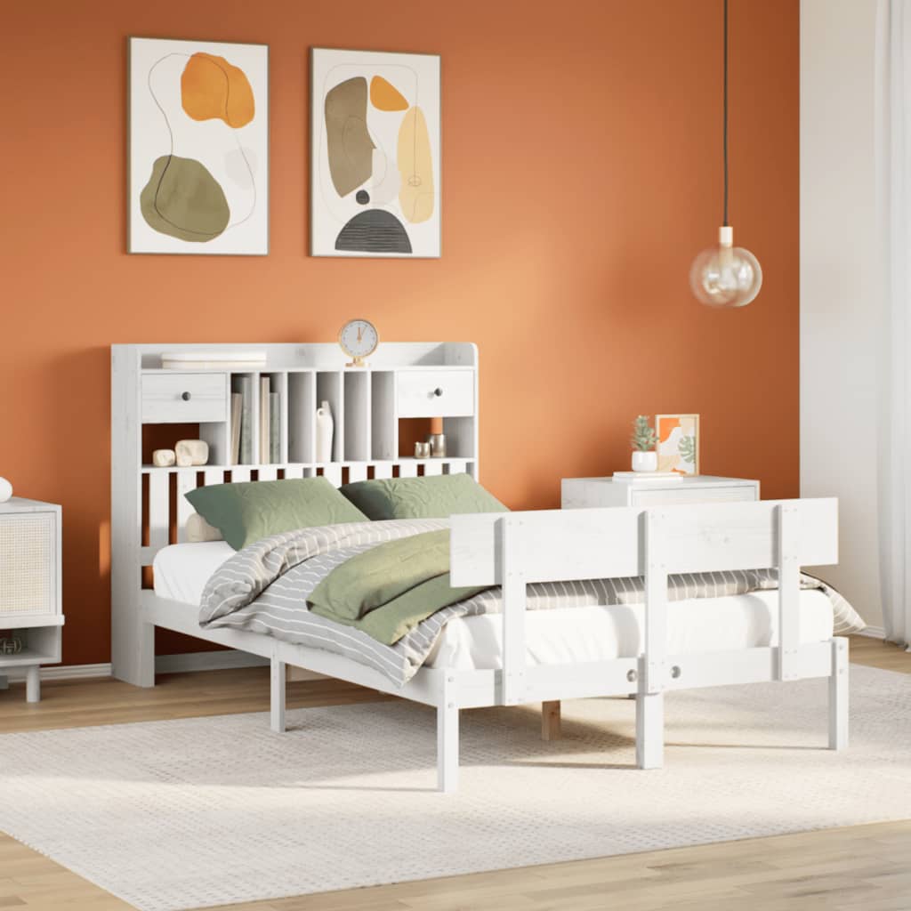 vidaXL Pat cu bibliotecă fără saltea, alb, 135x190 cm, lemn masiv pin vidaXL Pat cu bibliotecă fără saltea, alb, 135x190 cm, lemn masiv pin