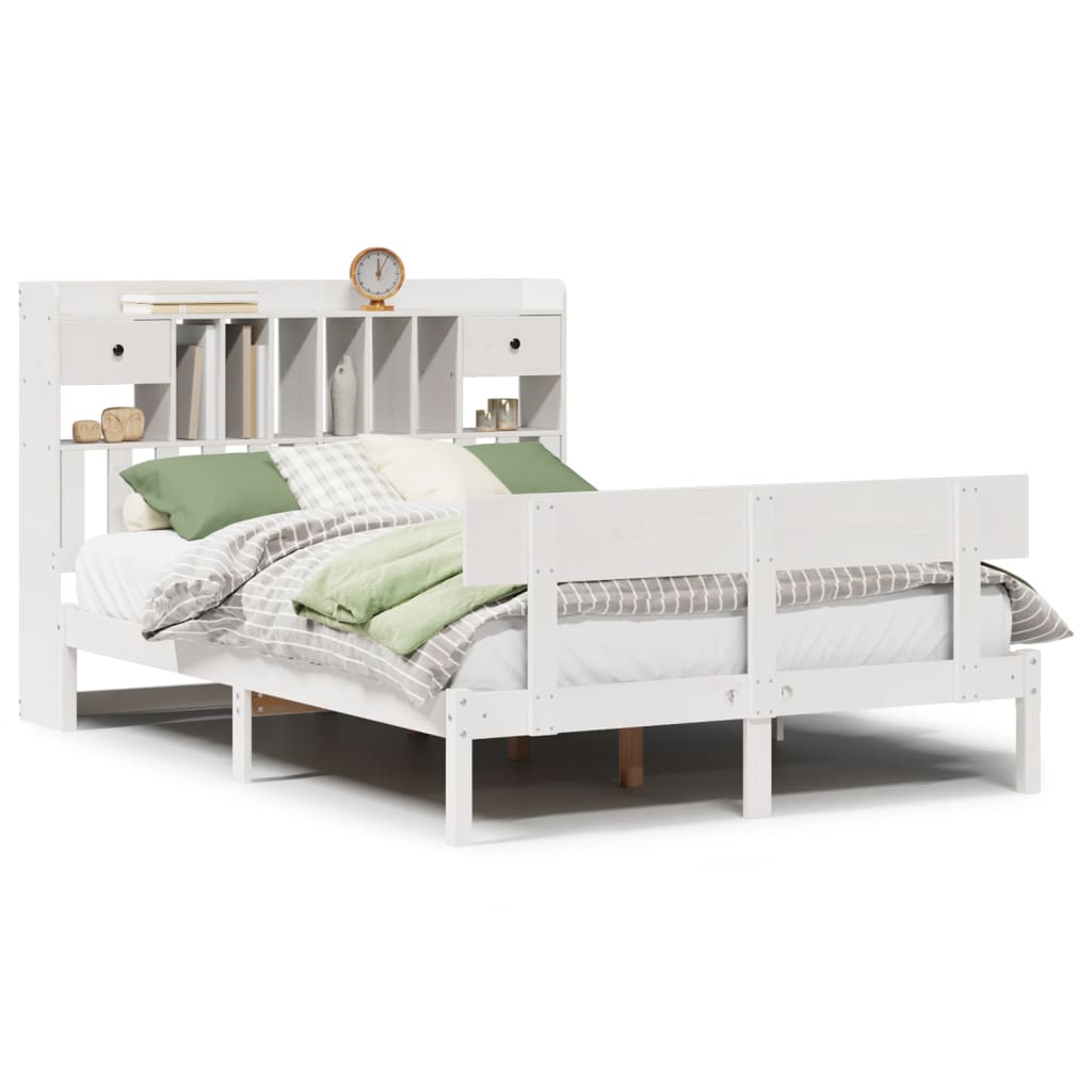 vidaXL Pat cu bibliotecă fără saltea, alb, 140x190 cm, lemn masiv pin vidaXL Pat cu bibliotecă fără saltea, alb, 140x190 cm, lemn masiv pin