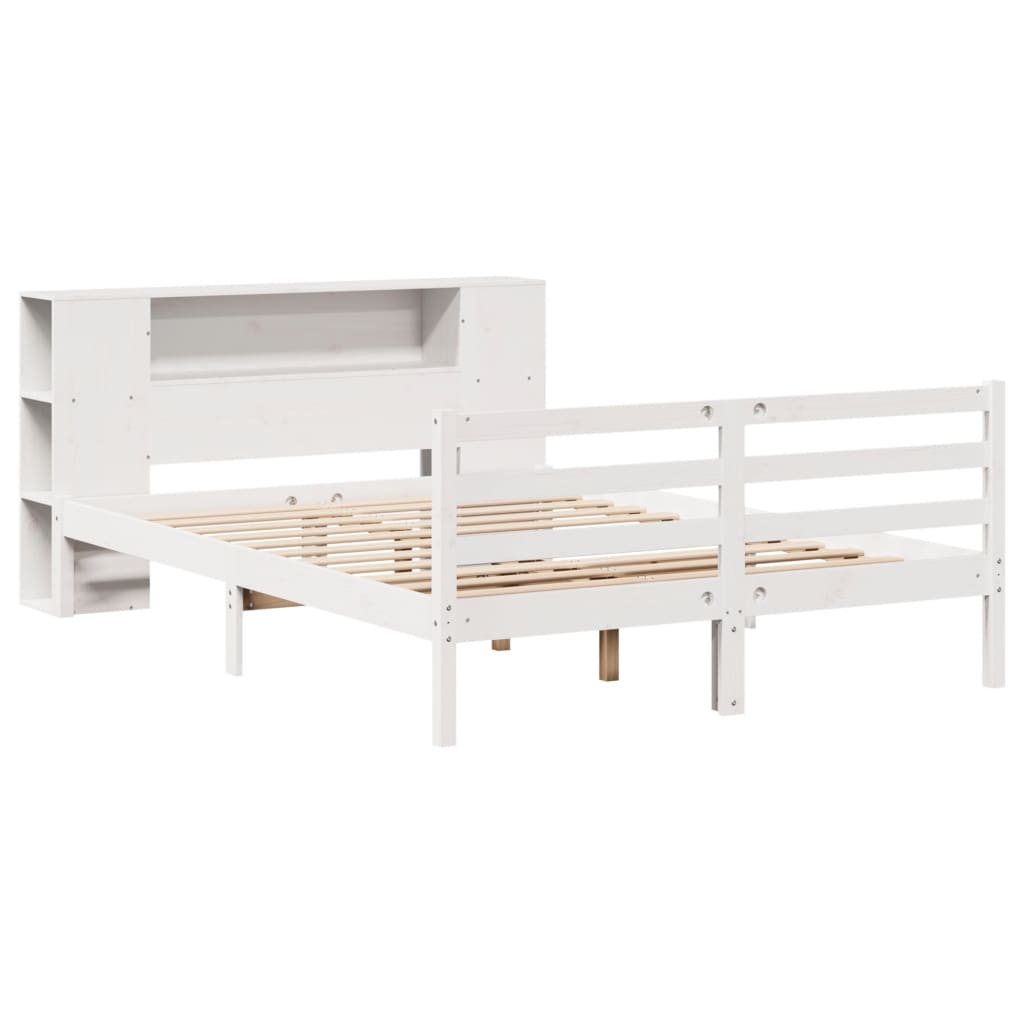 vidaXL Pat cu bibliotecă fără saltea, alb, 135x190 cm, lemn masiv pin