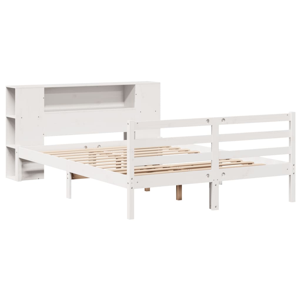 vidaXL Pat cu bibliotecă fără saltea, alb, 150x200 cm, lemn masiv pin