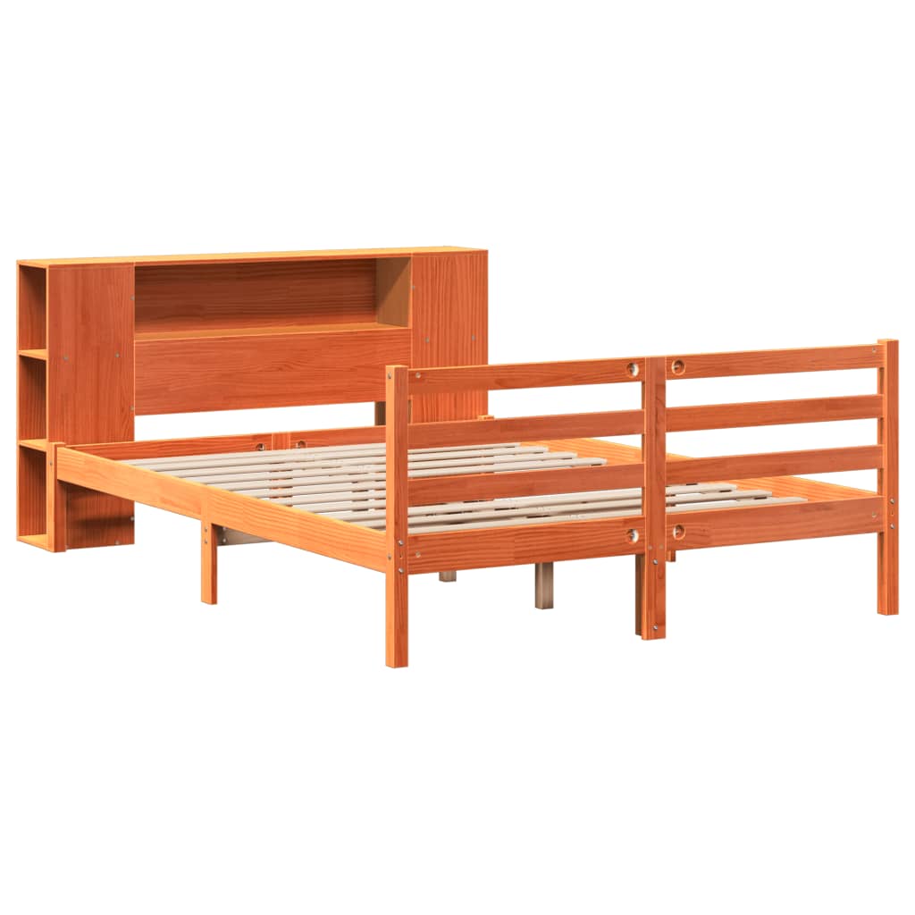 vidaXL Pat cu bibliotecă fără saltea maro 135x190 cm lemn masiv de pin