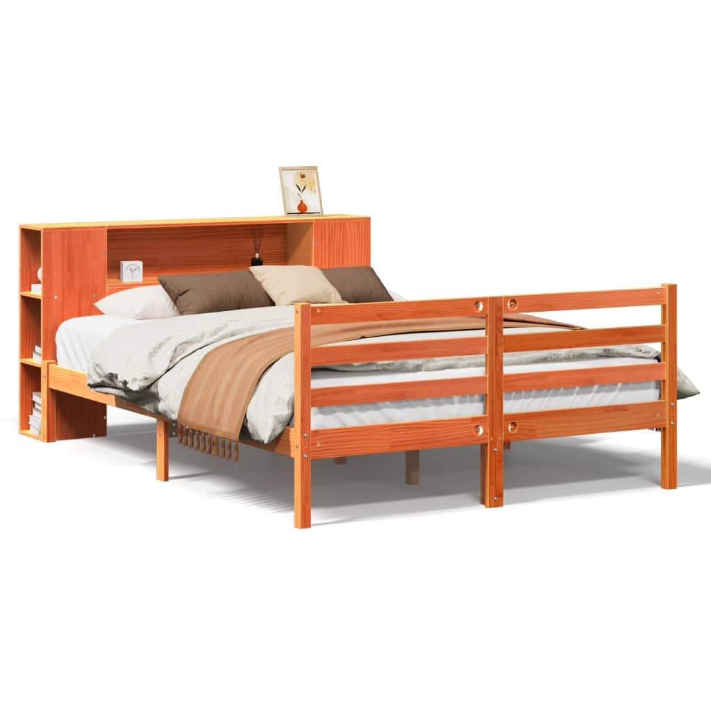 vidaXL Pat cu bibliotecă fără saltea maro 140x190 cm lemn masiv de pin