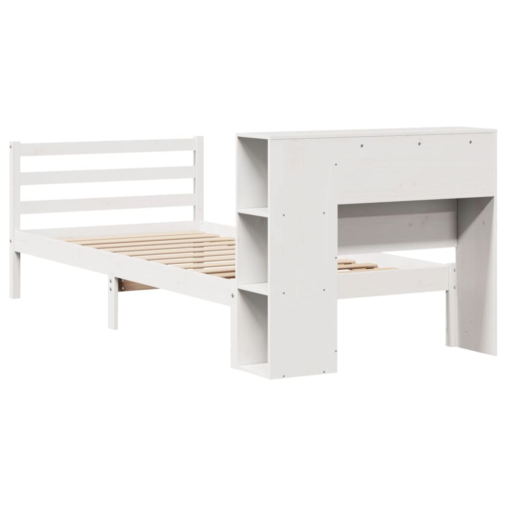 vidaXL Pat cu bibliotecă fără saltea, alb, 75x190 cm, lemn masiv pin vidaXL Pat cu bibliotecă fără saltea, alb, 75x190 cm, lemn masiv pin