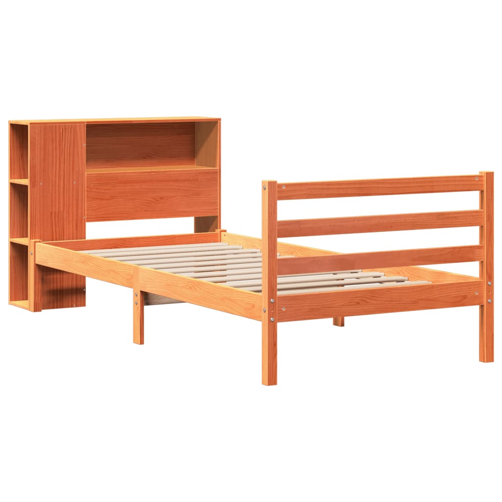 vidaXL Pat cu bibliotecă fără saltea, maro, 100x200 cm, lemn masiv vidaXL Pat cu bibliotecă fără saltea, maro, 100x200 cm, lemn masiv