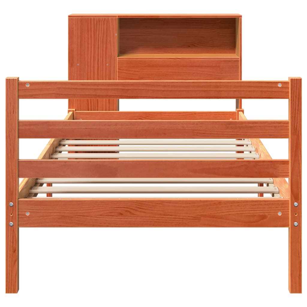 vidaXL Pat cu bibliotecă fără saltea, maro, 100x200 cm, lemn masiv vidaXL Pat cu bibliotecă fără saltea, maro, 100x200 cm, lemn masiv