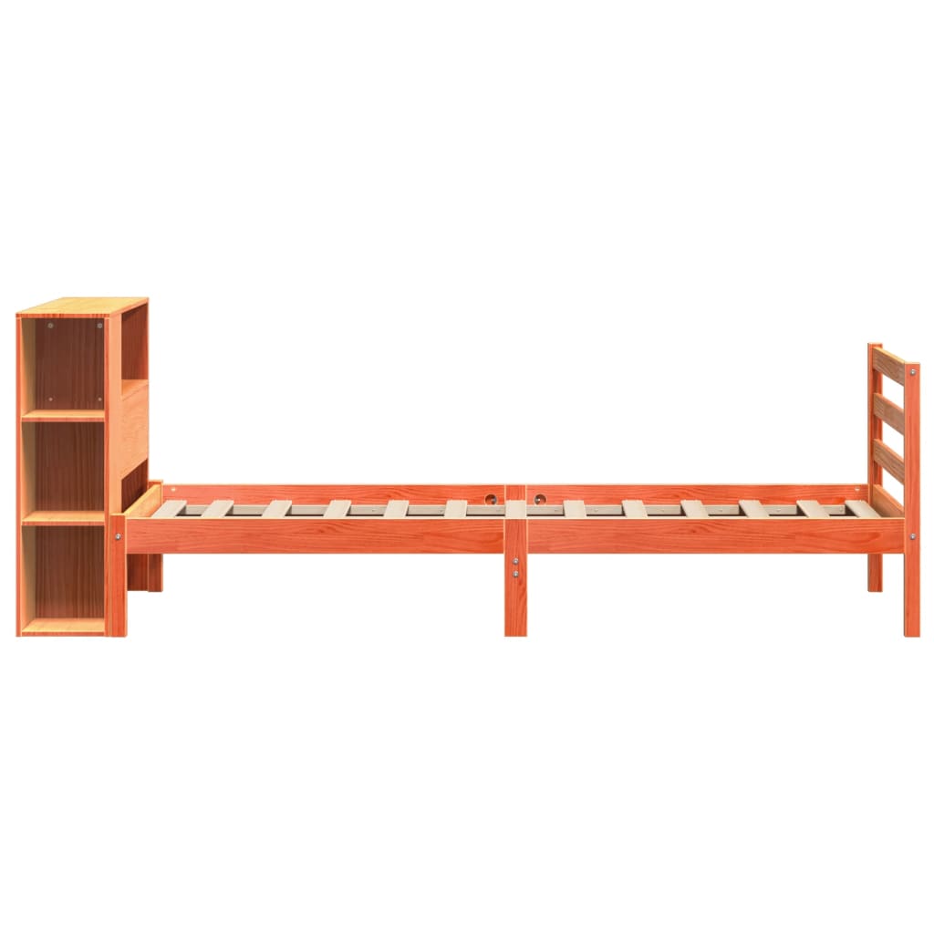 vidaXL Pat cu bibliotecă fără saltea, maro, 100x200 cm, lemn masiv vidaXL Pat cu bibliotecă fără saltea, maro, 100x200 cm, lemn masiv
