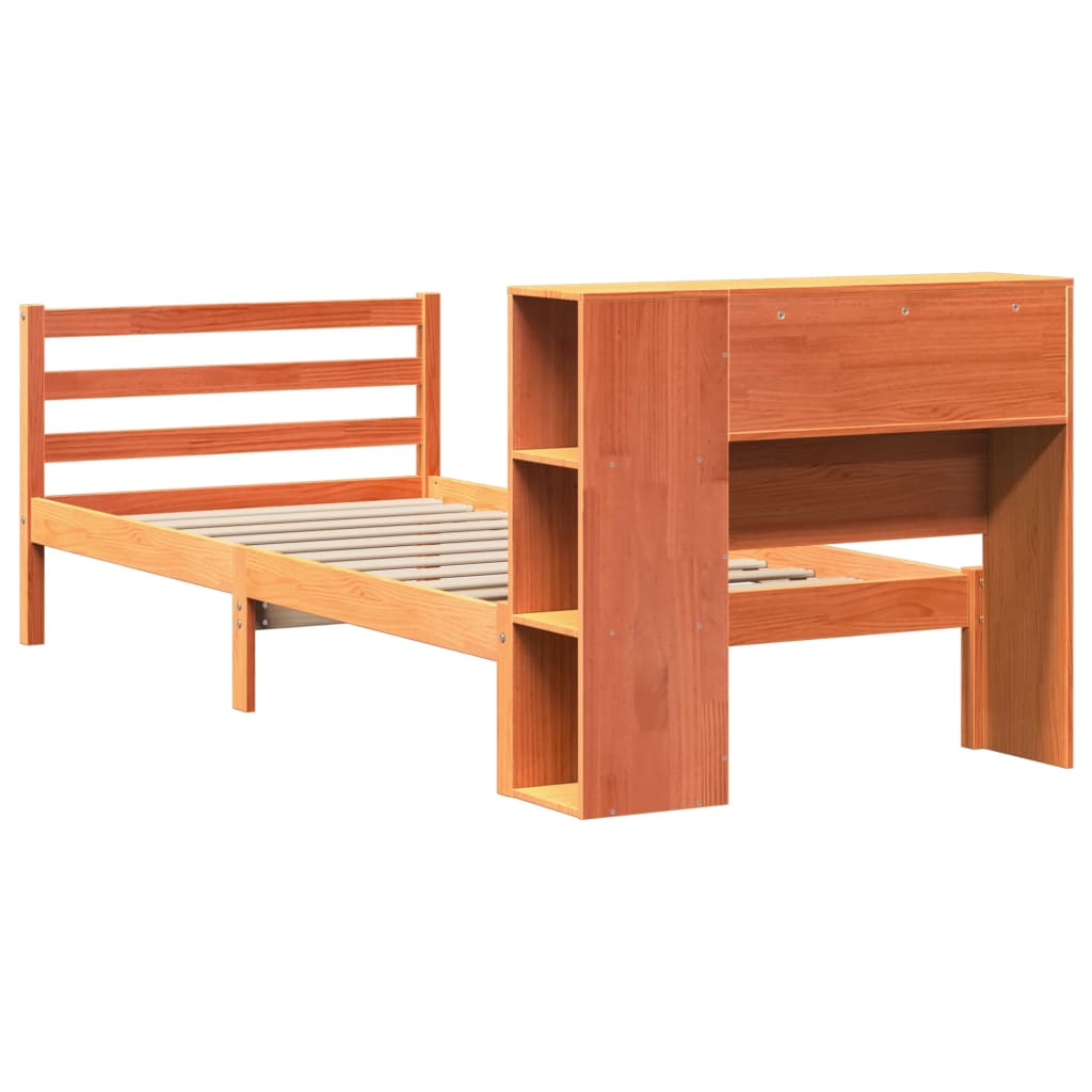 vidaXL Pat cu bibliotecă fără saltea, maro, 100x200 cm, lemn masiv vidaXL Pat cu bibliotecă fără saltea, maro, 100x200 cm, lemn masiv