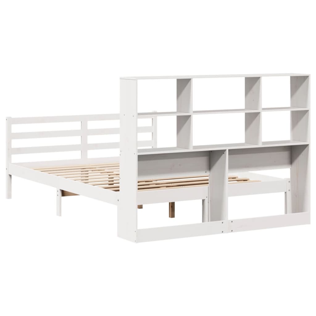 vidaXL Pat cu bibliotecă fără saltea, alb, 120x190 cm, lemn masiv pin vidaXL Pat cu bibliotecă fără saltea, alb, 120x190 cm, lemn masiv pin