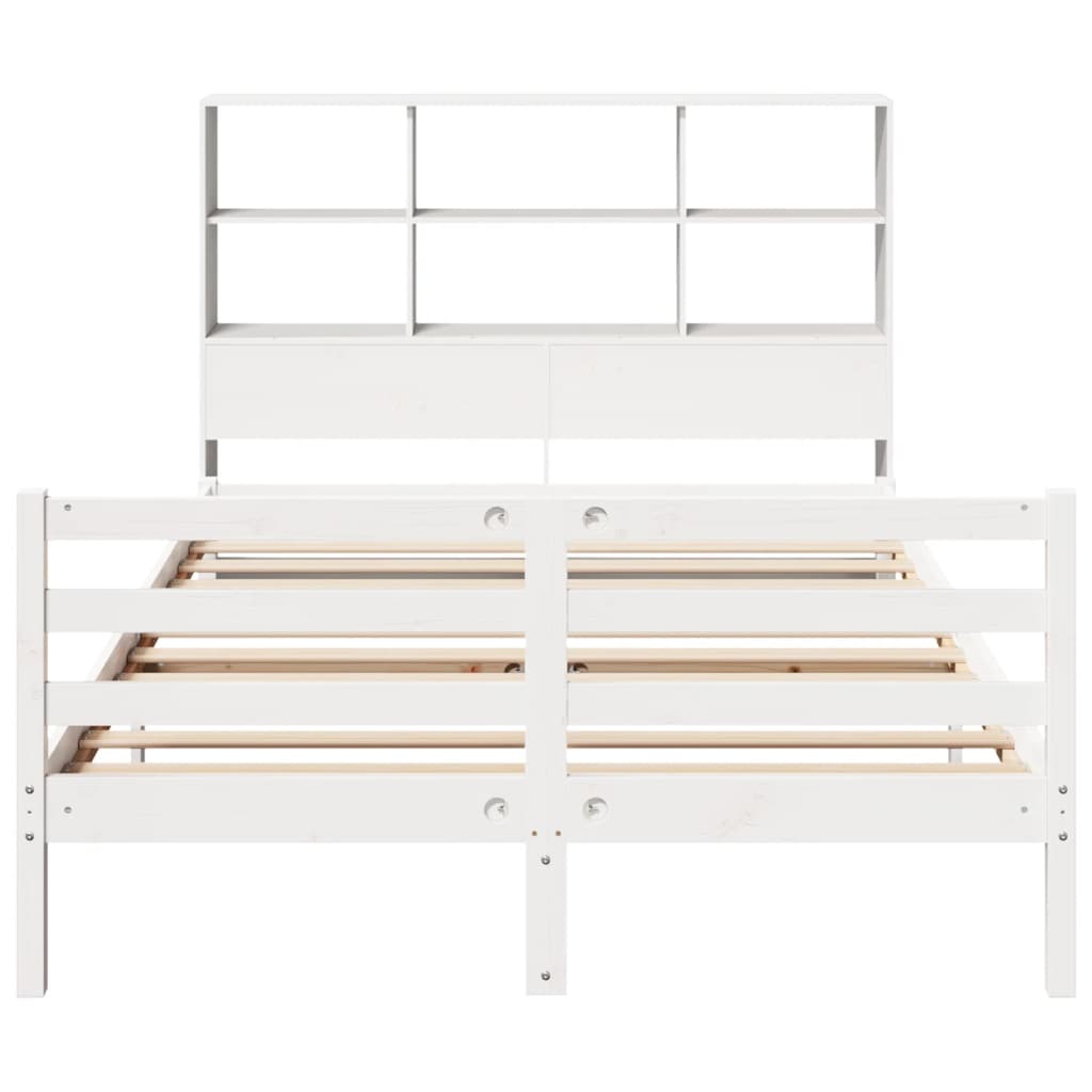 vidaXL Pat cu bibliotecă fără saltea, alb, 140x190 cm, lemn masiv pin
