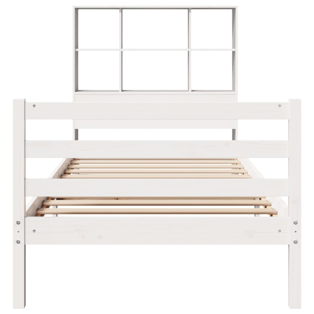 vidaXL Pat cu bibliotecă fără saltea, alb, 90x200 cm, lemn masiv pin vidaXL Pat cu bibliotecă fără saltea, alb, 90x200 cm, lemn masiv pin