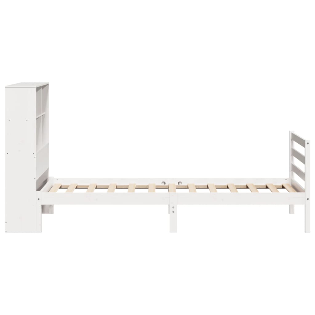 vidaXL Pat cu bibliotecă fără saltea, alb, 90x200 cm, lemn masiv pin vidaXL Pat cu bibliotecă fără saltea, alb, 90x200 cm, lemn masiv pin