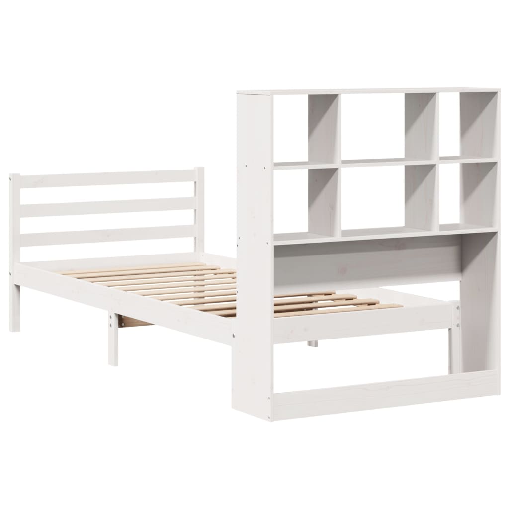 vidaXL Pat cu bibliotecă fără saltea, alb, 90x200 cm, lemn masiv pin vidaXL Pat cu bibliotecă fără saltea, alb, 90x200 cm, lemn masiv pin