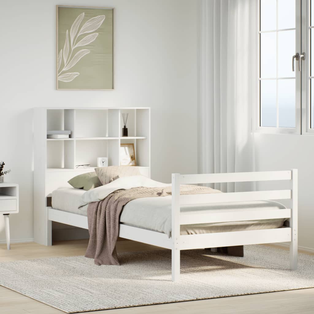 vidaXL Pat cu bibliotecă fără saltea, alb, 90x200 cm, lemn masiv pin vidaXL Pat cu bibliotecă fără saltea, alb, 90x200 cm, lemn masiv pin