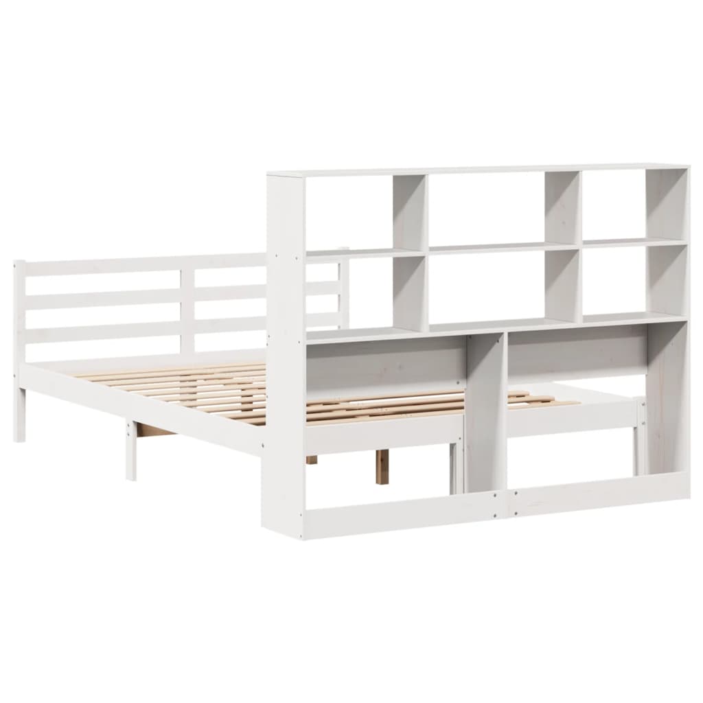 vidaXL Pat cu bibliotecă fără saltea, alb, 140x200 cm, lemn masiv pin vidaXL Pat cu bibliotecă fără saltea, alb, 140x200 cm, lemn masiv pin