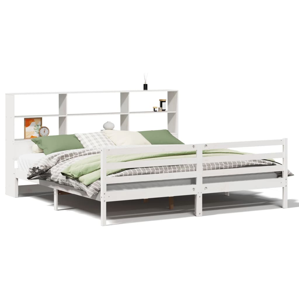 vidaXL Pat cu bibliotecă fără saltea, alb, 200x200 cm, lemn masiv pin vidaXL Pat cu bibliotecă fără saltea, alb, 200x200 cm, lemn masiv pin