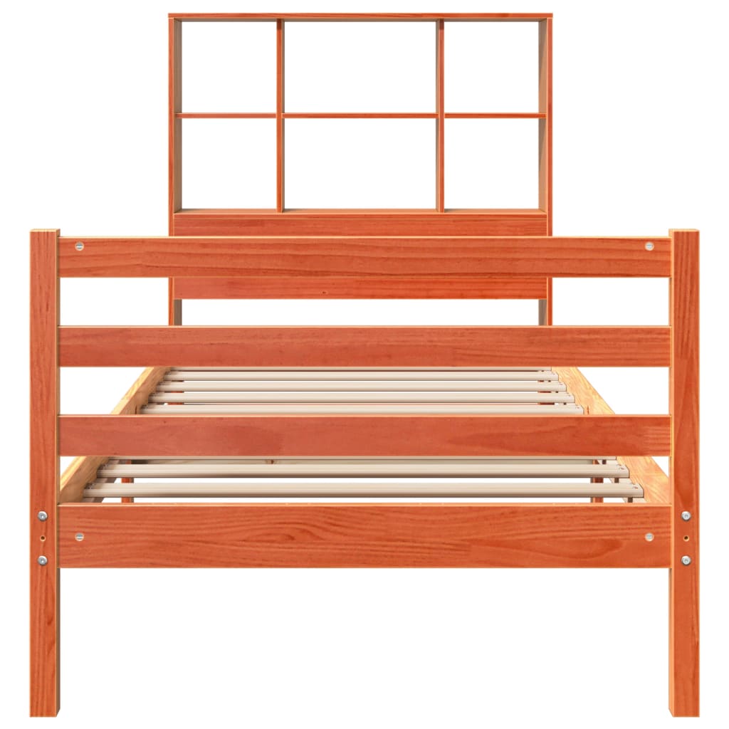 vidaXL Pat cu bibliotecă fără saltea, maro, 90x200 cm, lemn masiv vidaXL Pat cu bibliotecă fără saltea, maro, 90x200 cm, lemn masiv