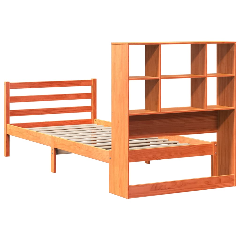 vidaXL Pat cu bibliotecă fără saltea, maro, 90x200 cm, lemn masiv vidaXL Pat cu bibliotecă fără saltea, maro, 90x200 cm, lemn masiv