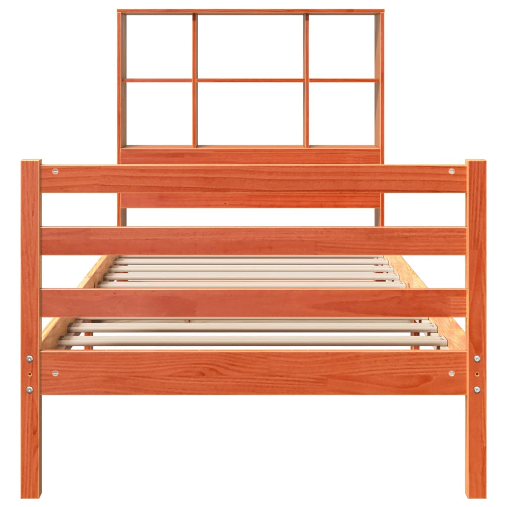 vidaXL Pat cu bibliotecă fără saltea, maro, 100x200 cm, lemn masiv vidaXL Pat cu bibliotecă fără saltea, maro, 100x200 cm, lemn masiv
