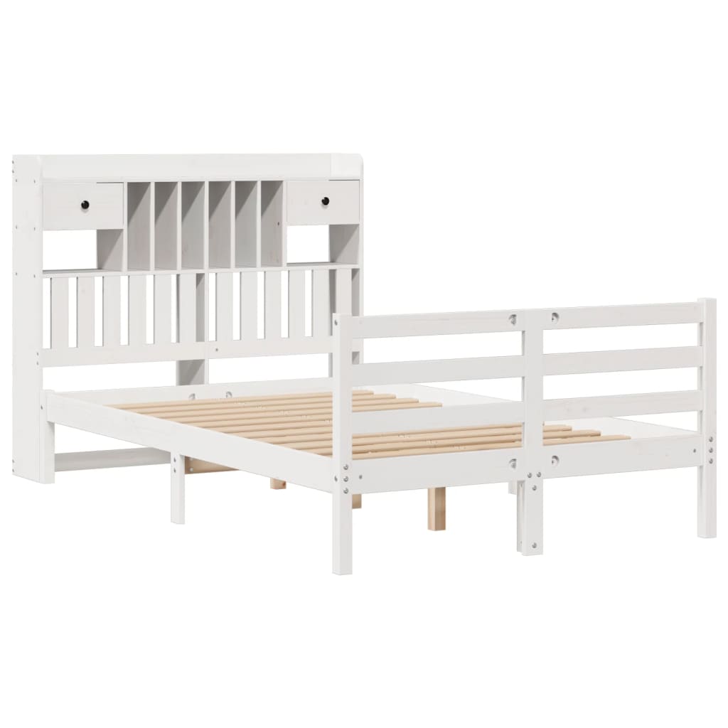 vidaXL Pat cu bibliotecă fără saltea, alb, 135x190 cm, lemn masiv pin