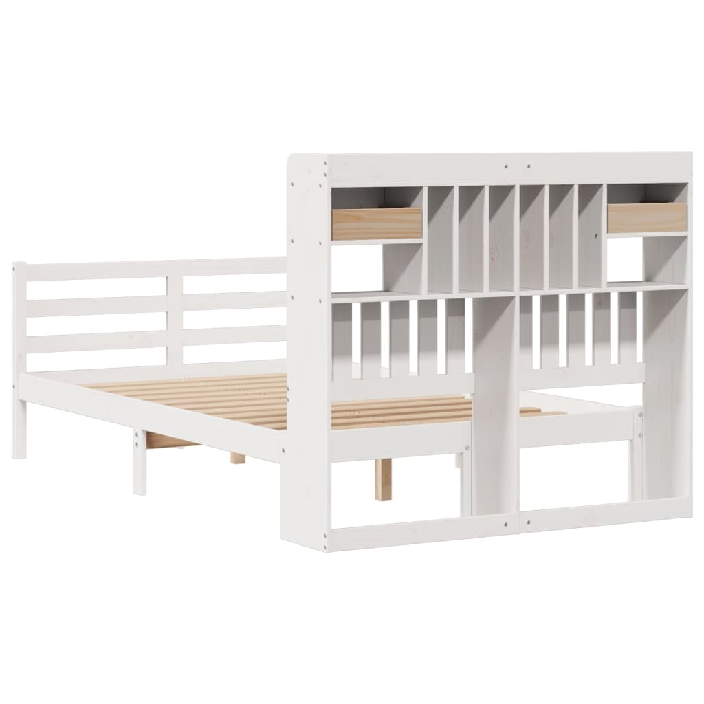 vidaXL Pat cu bibliotecă fără saltea, alb, 135x190 cm, lemn masiv pin