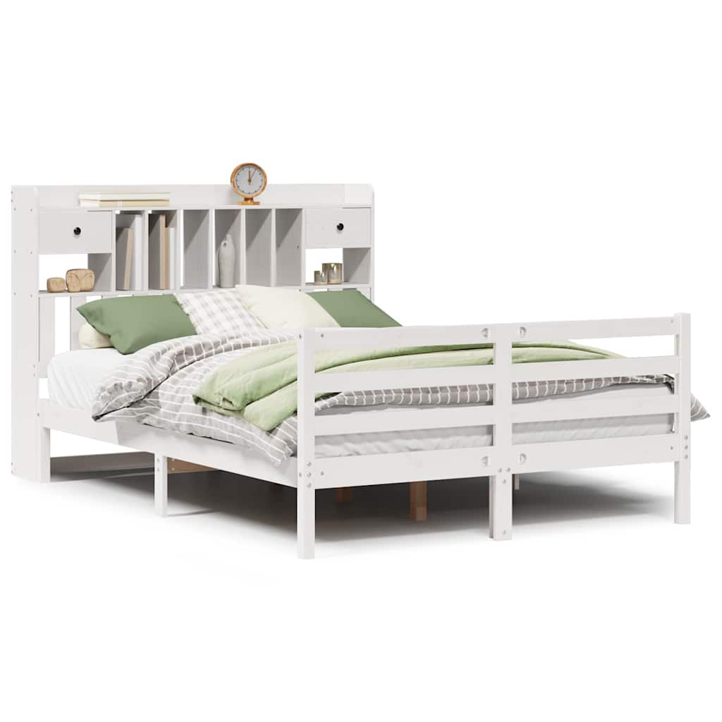 vidaXL Pat cu bibliotecă fără saltea, alb, 140x190 cm, lemn masiv pin vidaXL Pat cu bibliotecă fără saltea, alb, 140x190 cm, lemn masiv pin