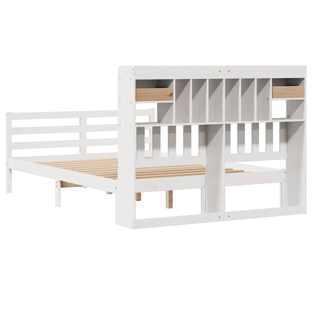 vidaXL Pat cu bibliotecă fără saltea, alb, 140x190 cm, lemn masiv pin vidaXL Pat cu bibliotecă fără saltea, alb, 140x190 cm, lemn masiv pin