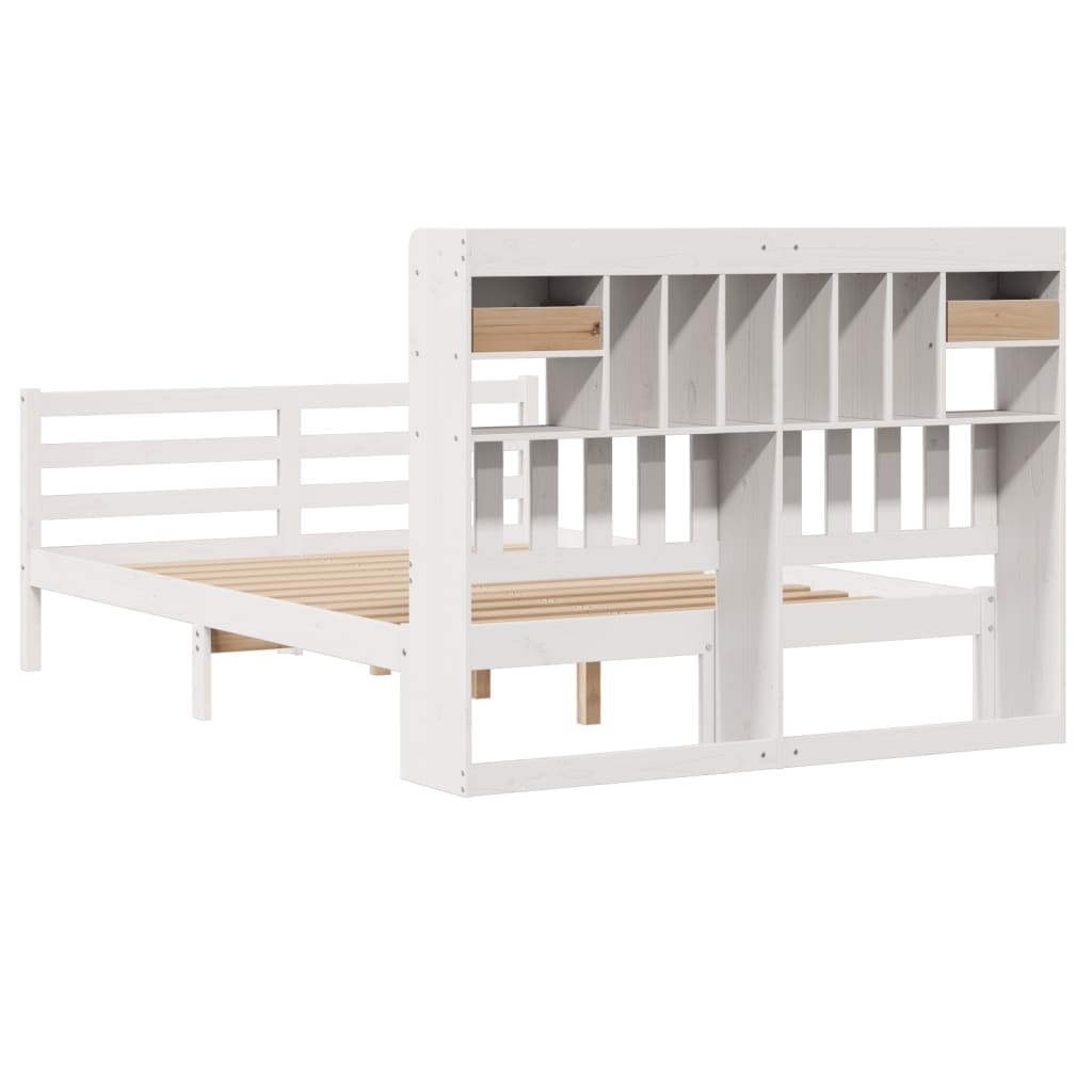 vidaXL Pat cu bibliotecă fără saltea, alb, 150x200 cm, lemn masiv pin