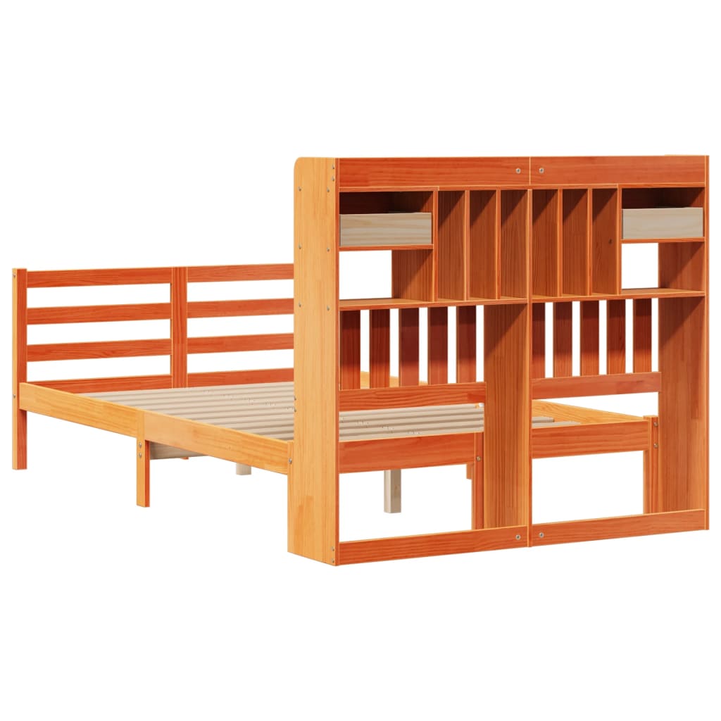 vidaXL Pat cu bibliotecă fără saltea maro 135x190 cm lemn masiv de pin