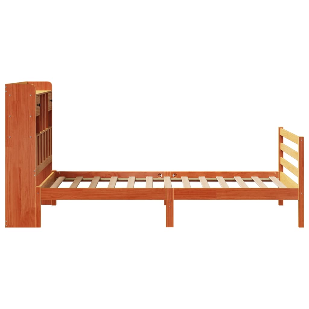vidaXL Pat cu bibliotecă fără saltea, maro, 100x200 cm, lemn masiv pin vidaXL Pat cu bibliotecă fără saltea, maro, 100x200 cm, lemn masiv pin