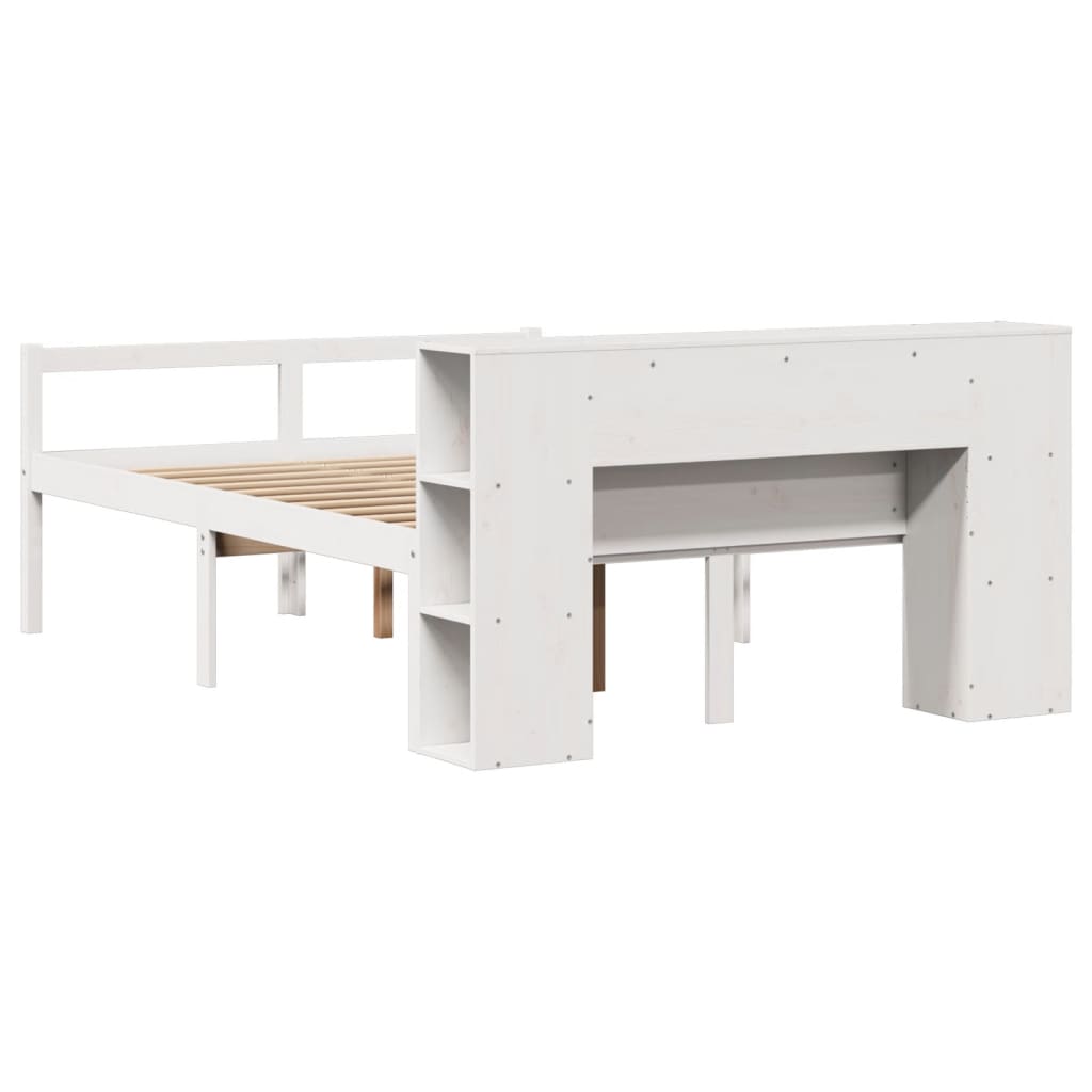 vidaXL Pat cu bibliotecă fără saltea, alb, 135x190 cm, lemn masiv pin