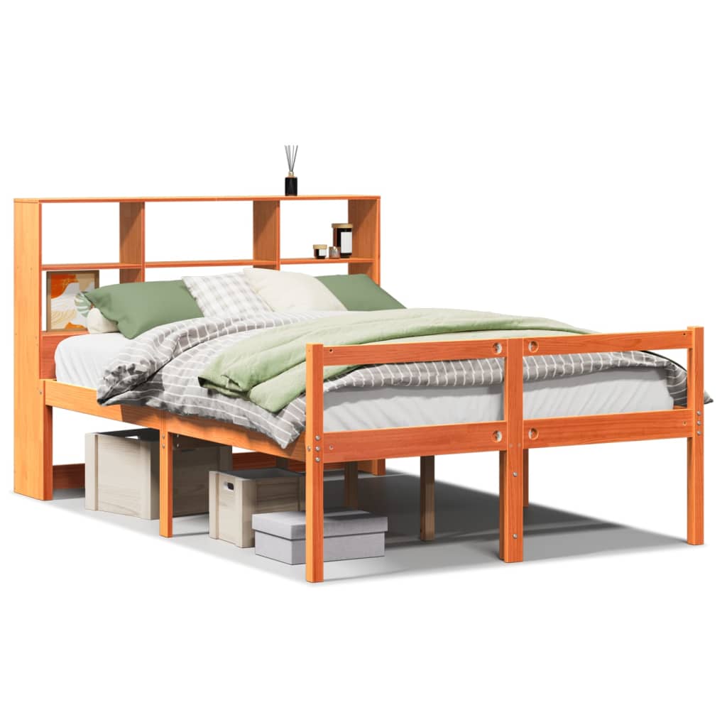 vidaXL Pat cu bibliotecă fără saltea maro ceruit 135x190 cm lemn masiv vidaXL Pat cu bibliotecă fără saltea maro ceruit 135x190 cm lemn masiv