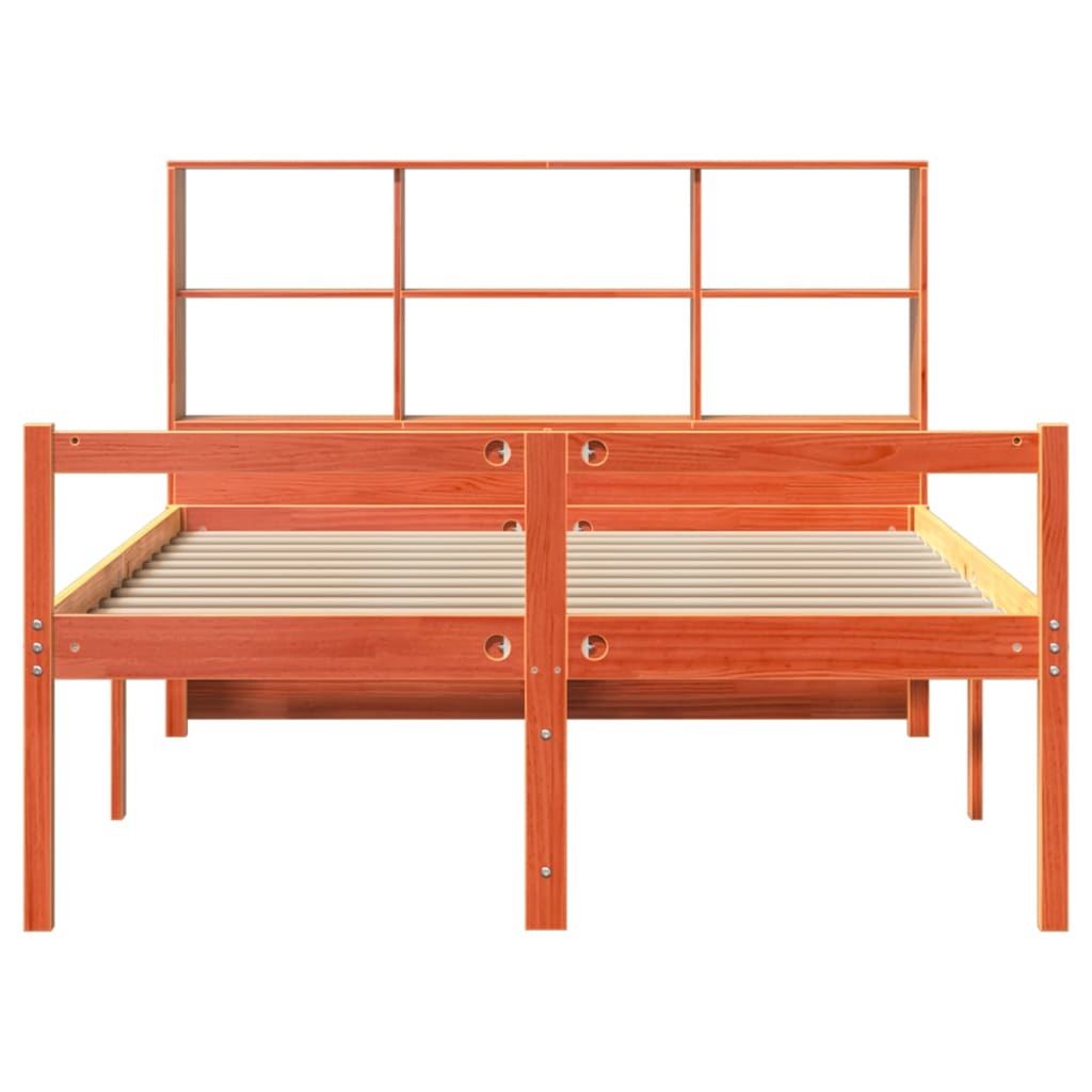 vidaXL Pat cu bibliotecă fără saltea maro ceruit 135x190 cm lemn masiv vidaXL Pat cu bibliotecă fără saltea maro ceruit 135x190 cm lemn masiv