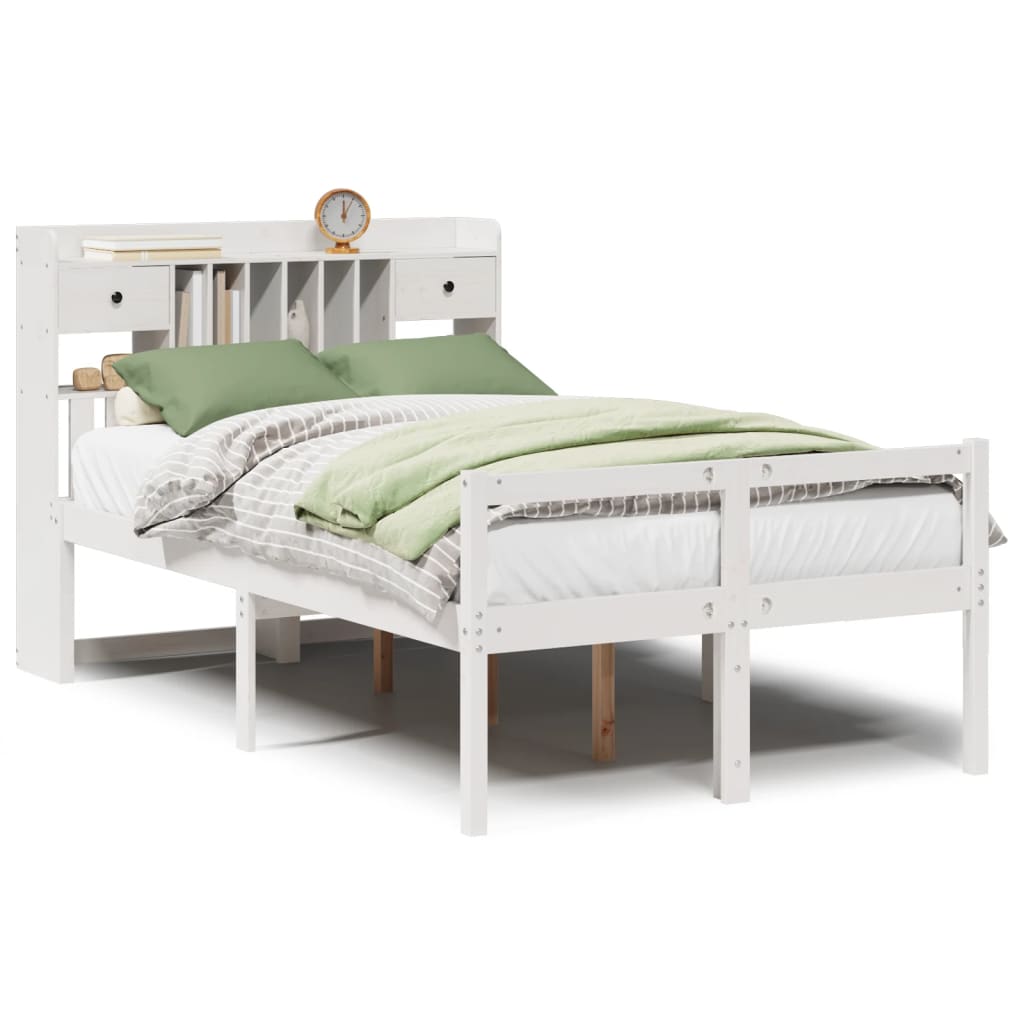vidaXL Pat cu bibliotecă fără saltea, alb, 135x190 cm, lemn masiv pin vidaXL Pat cu bibliotecă fără saltea, alb, 135x190 cm, lemn masiv pin