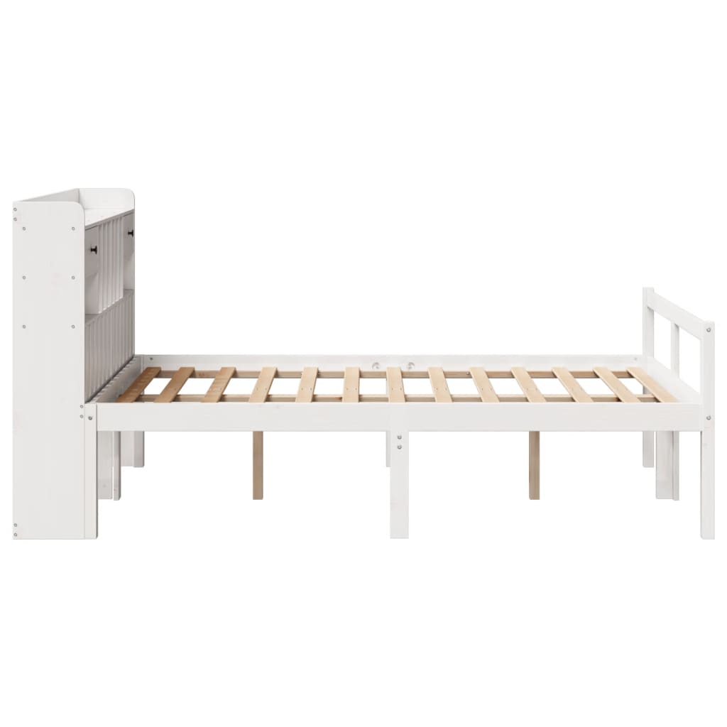 vidaXL Pat cu bibliotecă fără saltea, alb, 135x190 cm, lemn masiv pin vidaXL Pat cu bibliotecă fără saltea, alb, 135x190 cm, lemn masiv pin