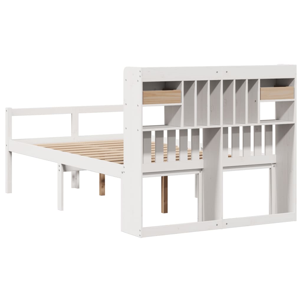 vidaXL Pat cu bibliotecă fără saltea, alb, 135x190 cm, lemn masiv pin vidaXL Pat cu bibliotecă fără saltea, alb, 135x190 cm, lemn masiv pin