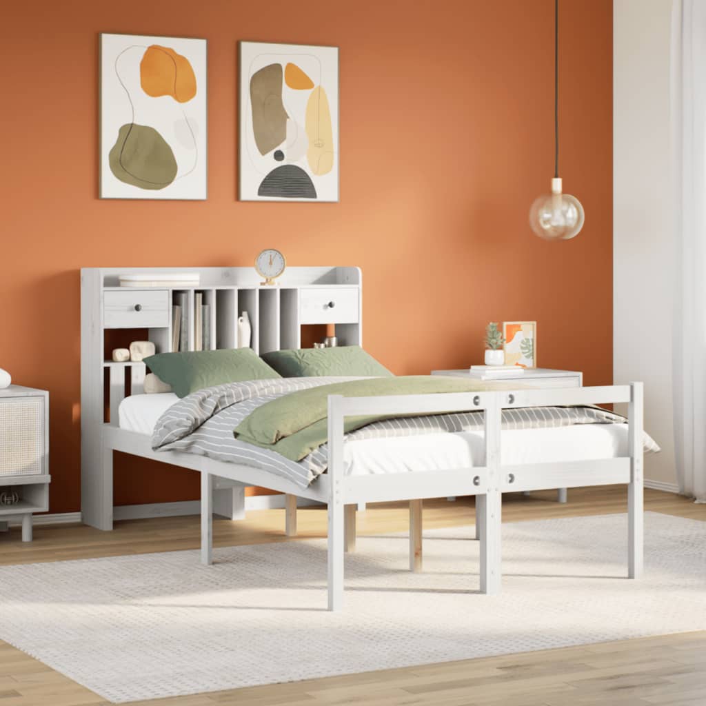 vidaXL Pat cu bibliotecă fără saltea, alb, 135x190 cm, lemn masiv pin vidaXL Pat cu bibliotecă fără saltea, alb, 135x190 cm, lemn masiv pin
