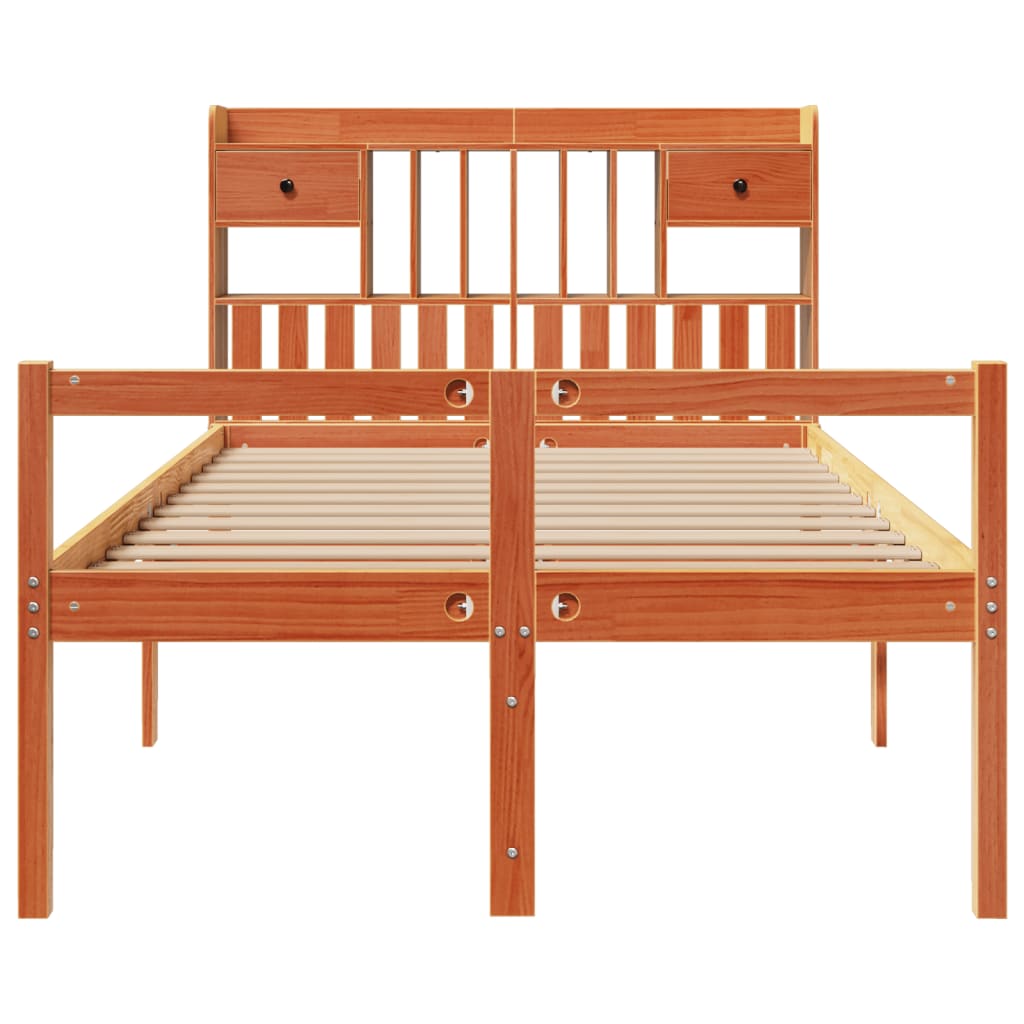 vidaXL Pat cu bibliotecă fără saltea maro 135x190 cm lemn masiv de pin