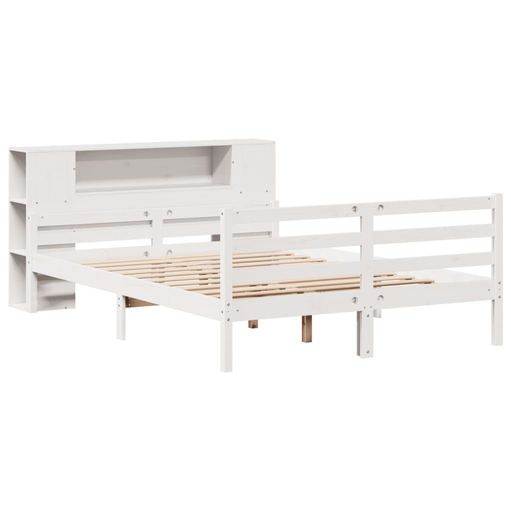 vidaXL Pat cu bibliotecă fără saltea, alb, 150x200 cm, lemn masiv pin