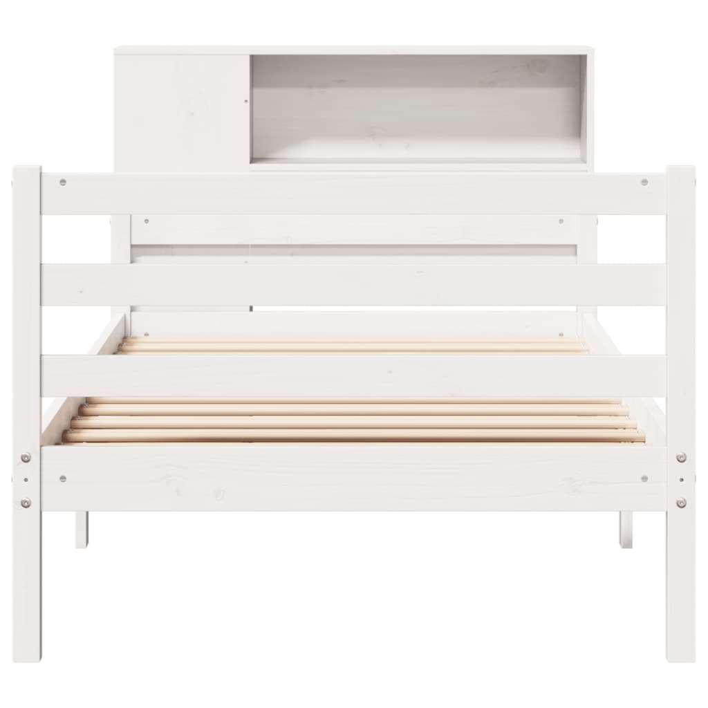 vidaXL Pat cu bibliotecă fără saltea, alb, 100x200 cm, lemn masiv pin vidaXL Pat cu bibliotecă fără saltea, alb, 100x200 cm, lemn masiv pin