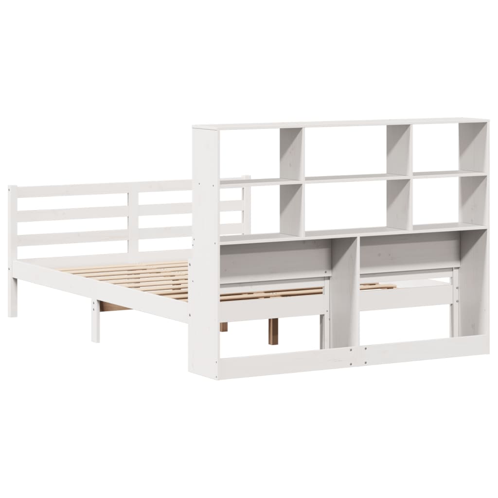 vidaXL Pat cu bibliotecă fără saltea, alb, 140x200 cm, lemn masiv pin