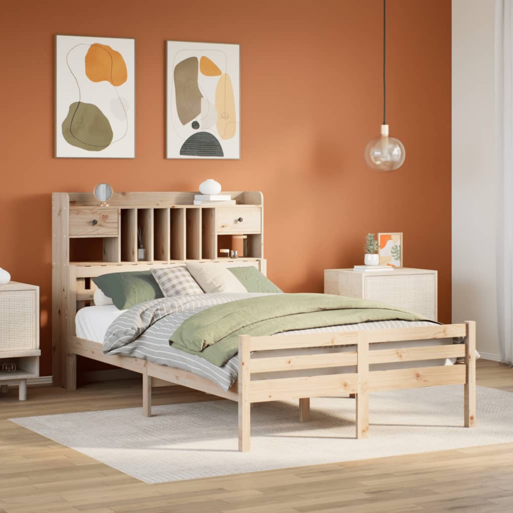 vidaXL Pat cu bibliotecă fără saltea, 135x190 cm, lemn masiv de pin vidaXL Pat cu bibliotecă fără saltea, 135x190 cm, lemn masiv de pin