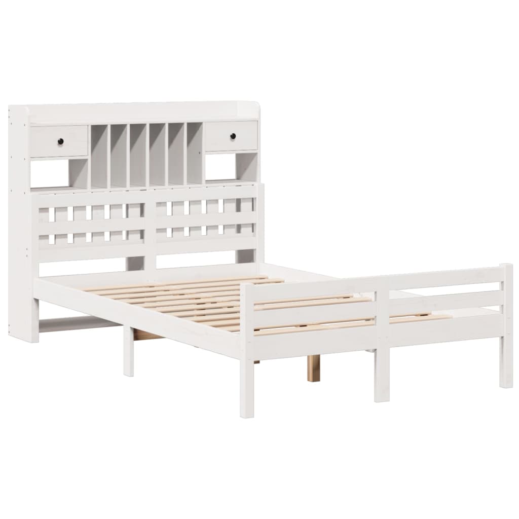 vidaXL Pat cu bibliotecă fără saltea, alb, 135x190 cm, lemn masiv pin