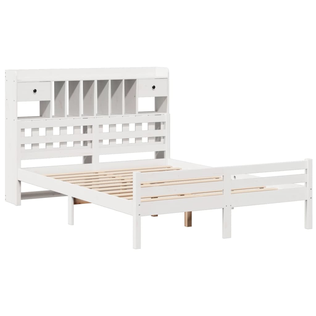 vidaXL Pat cu bibliotecă fără saltea, alb, 150x200 cm, lemn masiv pin vidaXL Pat cu bibliotecă fără saltea, alb, 150x200 cm, lemn masiv pin